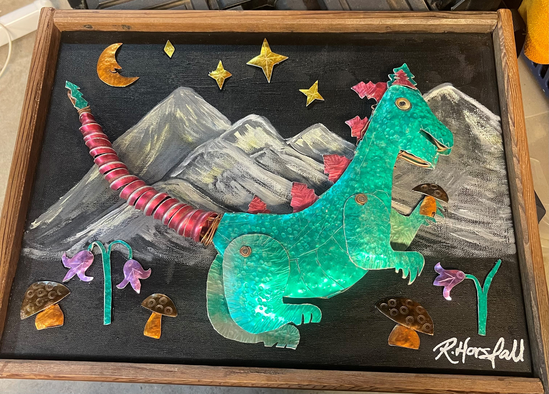 The Happy Dragon ($990) Hand Made using Vintage anodised kitchen pot lids and copper wire. by Rachel Horsfall