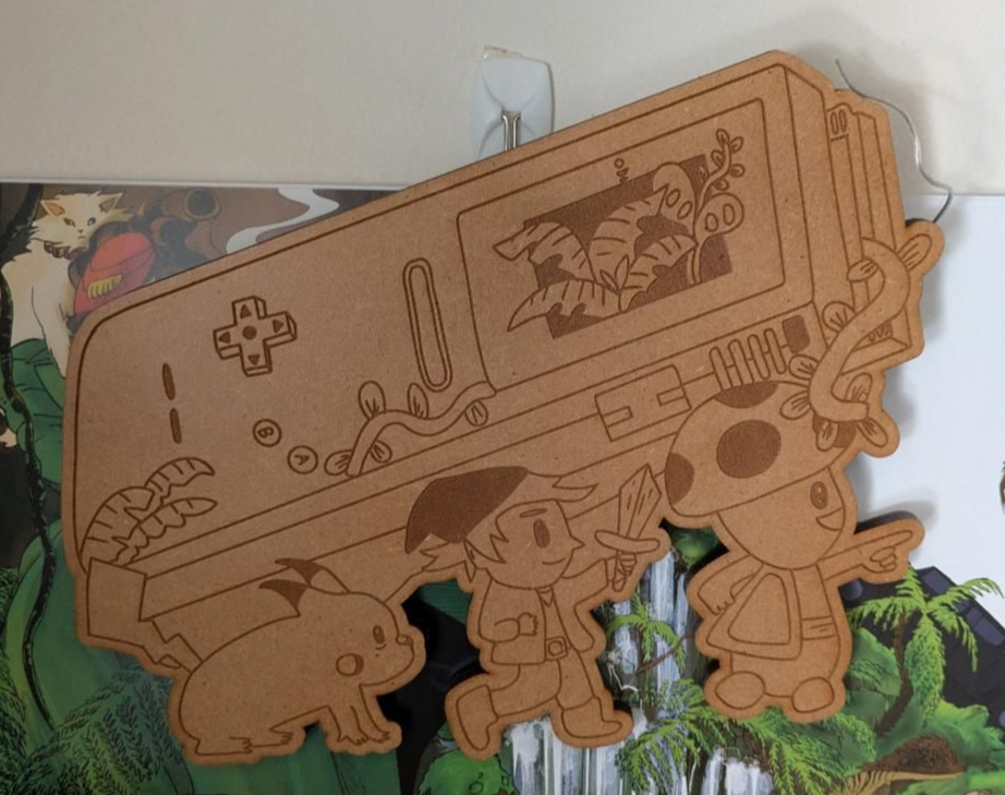 Gameboy ceremony ($NFS) digital illustration laser cut onto MDF and varnished by link raptor