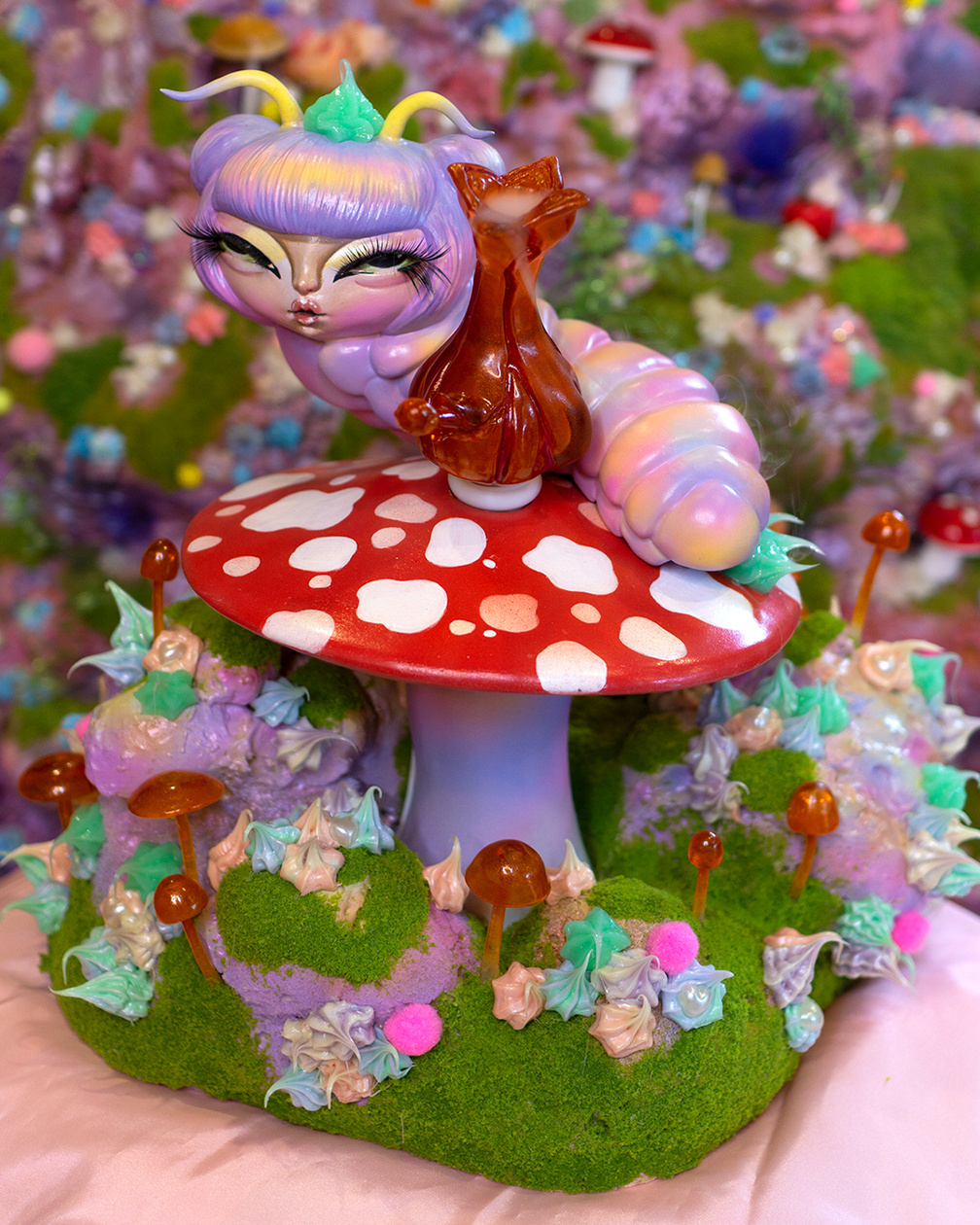 Mycellium Garden (Sales via Instagram) 3D-printed sculpture, hand-painted acrylic paint. Mounted on a foam base, embellished with 3D-printed mushrooms, silicone whipped decorative elements. by Jade Mars