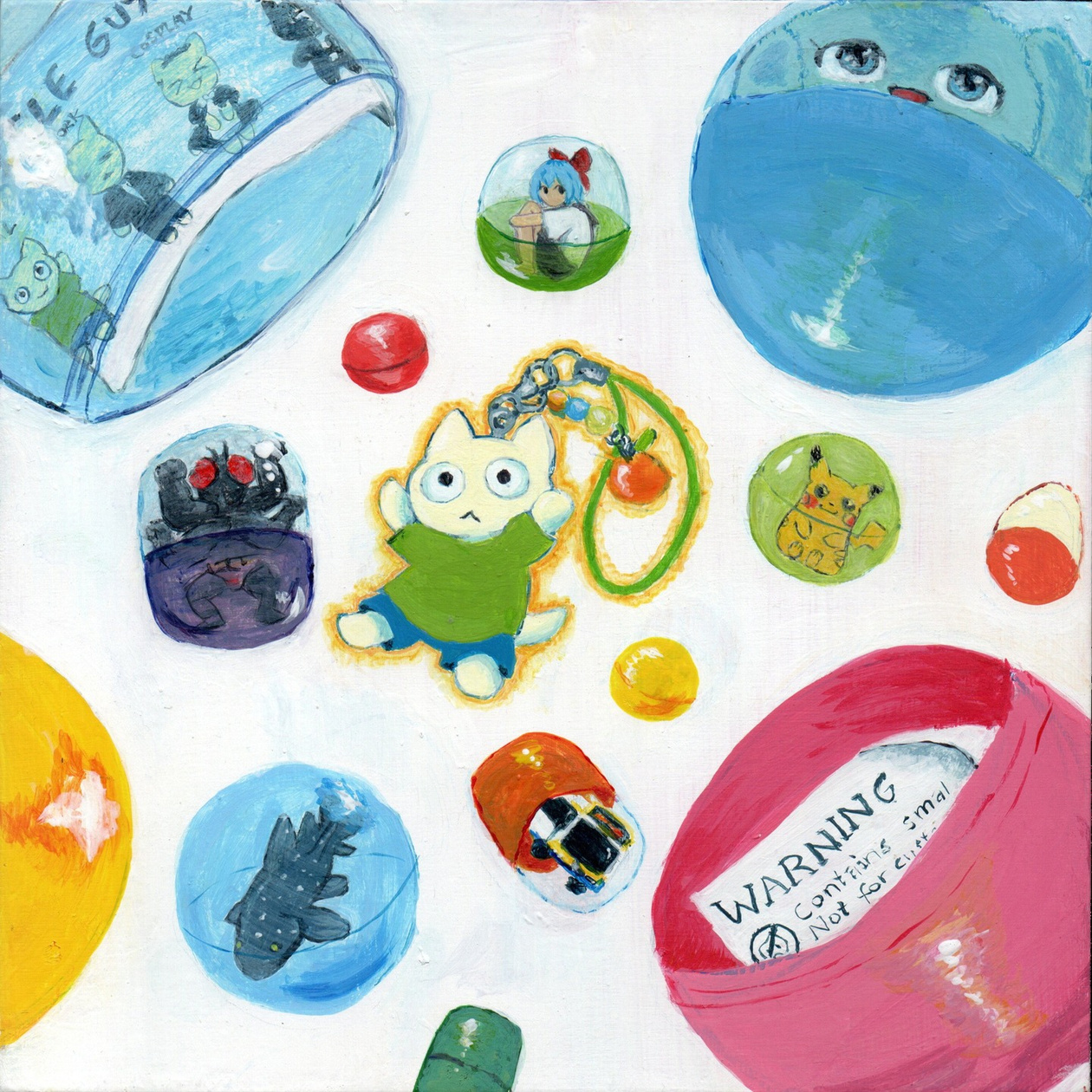 Gachapon! ($95) Acrylic paint on wooden panel by ginkgobug