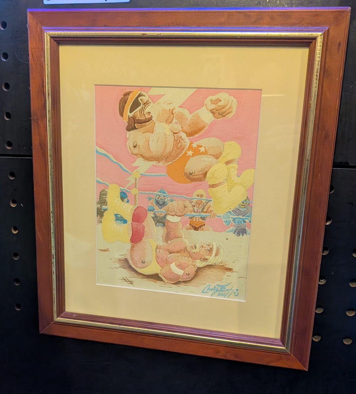 Macho Man Randy Savage with Real Elbow Smash Action! All Figures Sold Separately. DIG IT! ($295) Watercolour & Gouache on Paper w/ Vintage Frame by Chris 'Things' Bryan